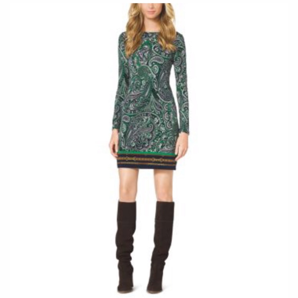 MK Long sleeve boatneck dress w/ bottom border.